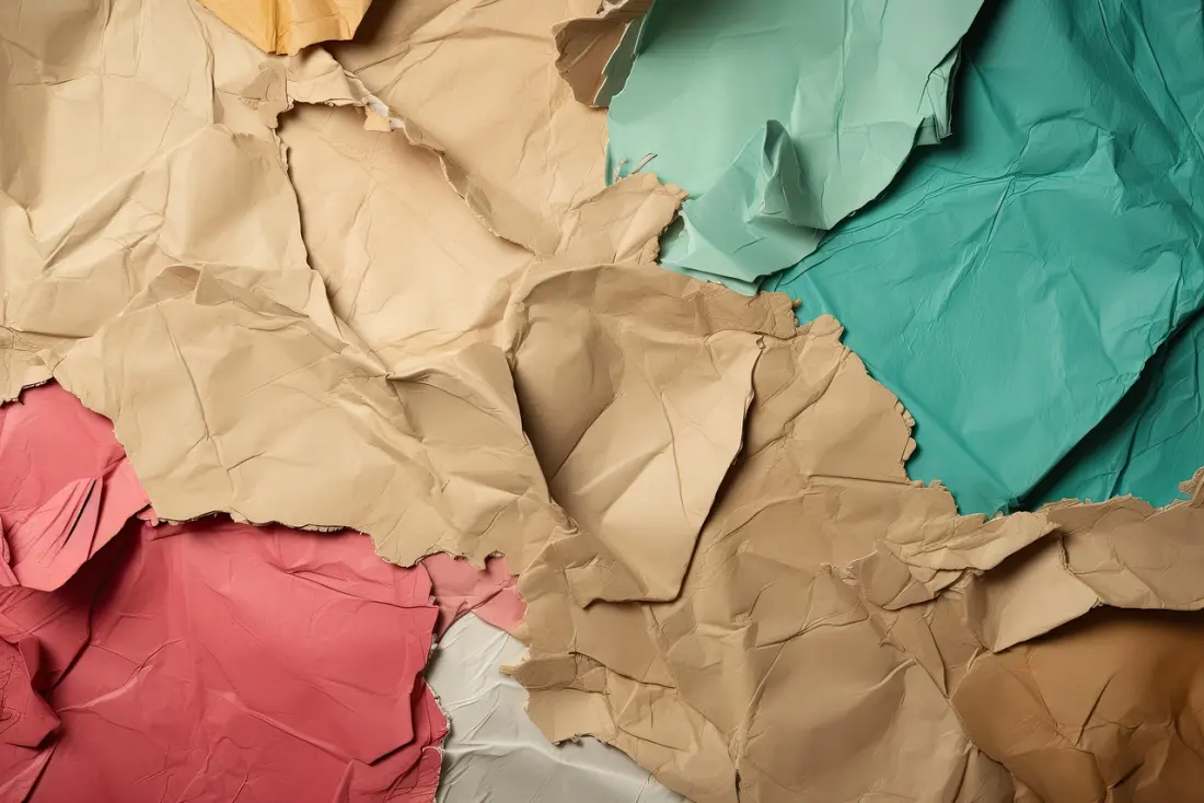 Torn construction paper scraps in coral, kraft and teal